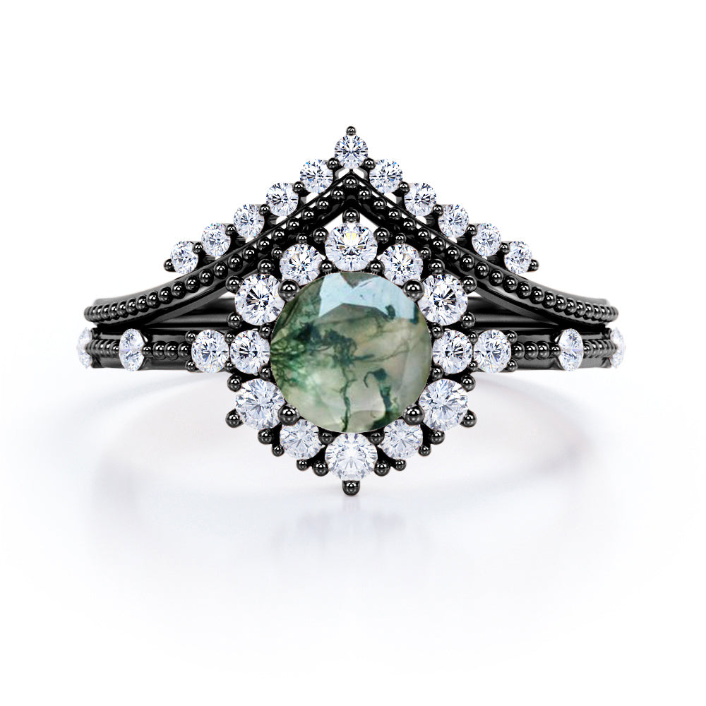 Contoured Cluster 1.45 carat Round cut Moss Green Agate and diamond milgrain art deco wedding ring set in White gold