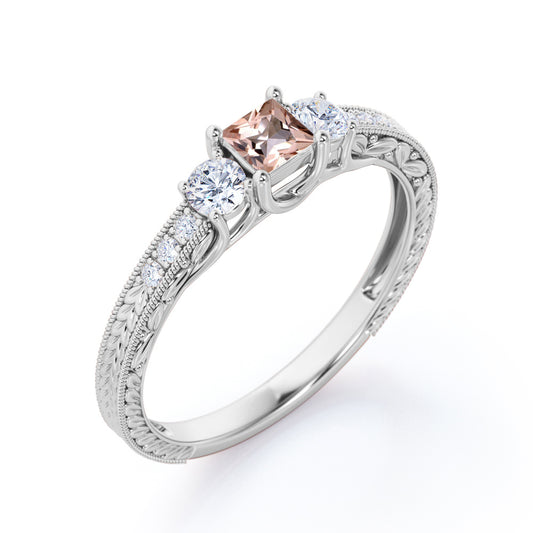 Modern 1.1 carat Princess cut Peach pink Morganite and diamond-3 stone engagement ring-leaf filigree ring for her