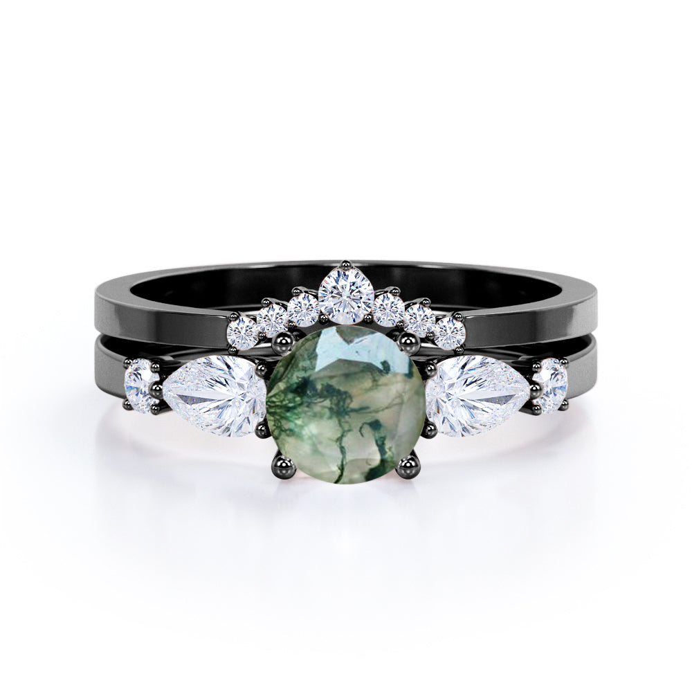 Fairytale Chevron 1.3 carat Round cut Moss Green Agate and diamond wedding ring set in Rose gold