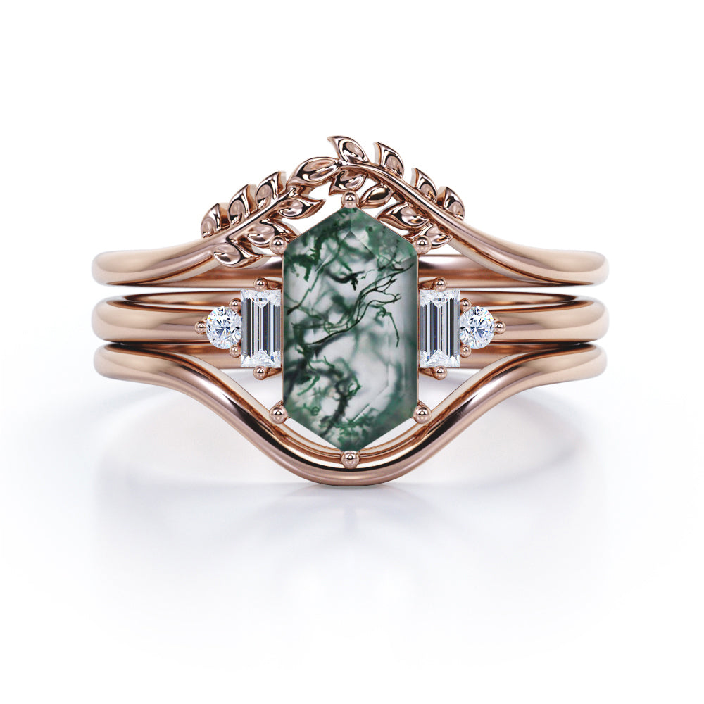 Vintage Double Chevron 1.1 carat Hexagon shaped Moss Green Agate and diamond forest inspired engagement ring in Black gold