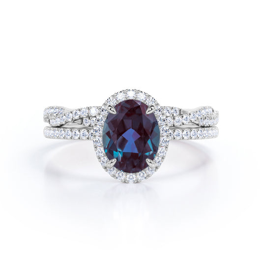 Exquisite 1.75 carat Oval cut Synthetic Alexandrite and diamond Engagement ring with half-infinity wedding band in White gold-Bridal set