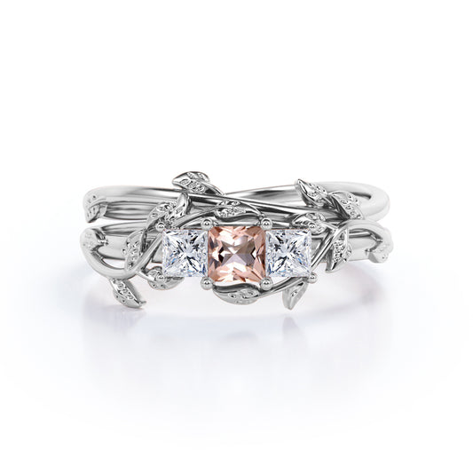 Past, Present, Future 1.1 carat Princess cut Morganite and diamond earthy engagement ring set in White gold-Bridal set