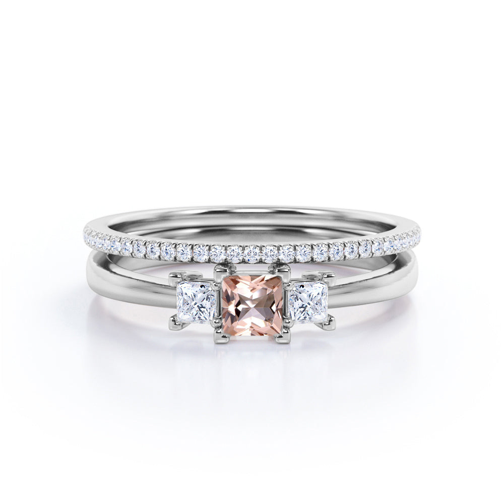 Triple stone 0.85 carat Princess cut Pink Morganite and diamond eternity wedding ring set for women in Yellow gold