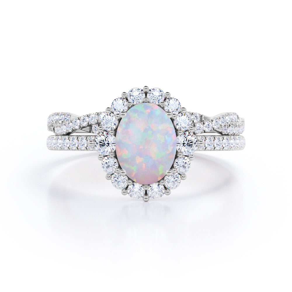 Infinity 1.75 carat Flower-shaped Ethiopian Opal and diamond Wedding ring set for her in White gold