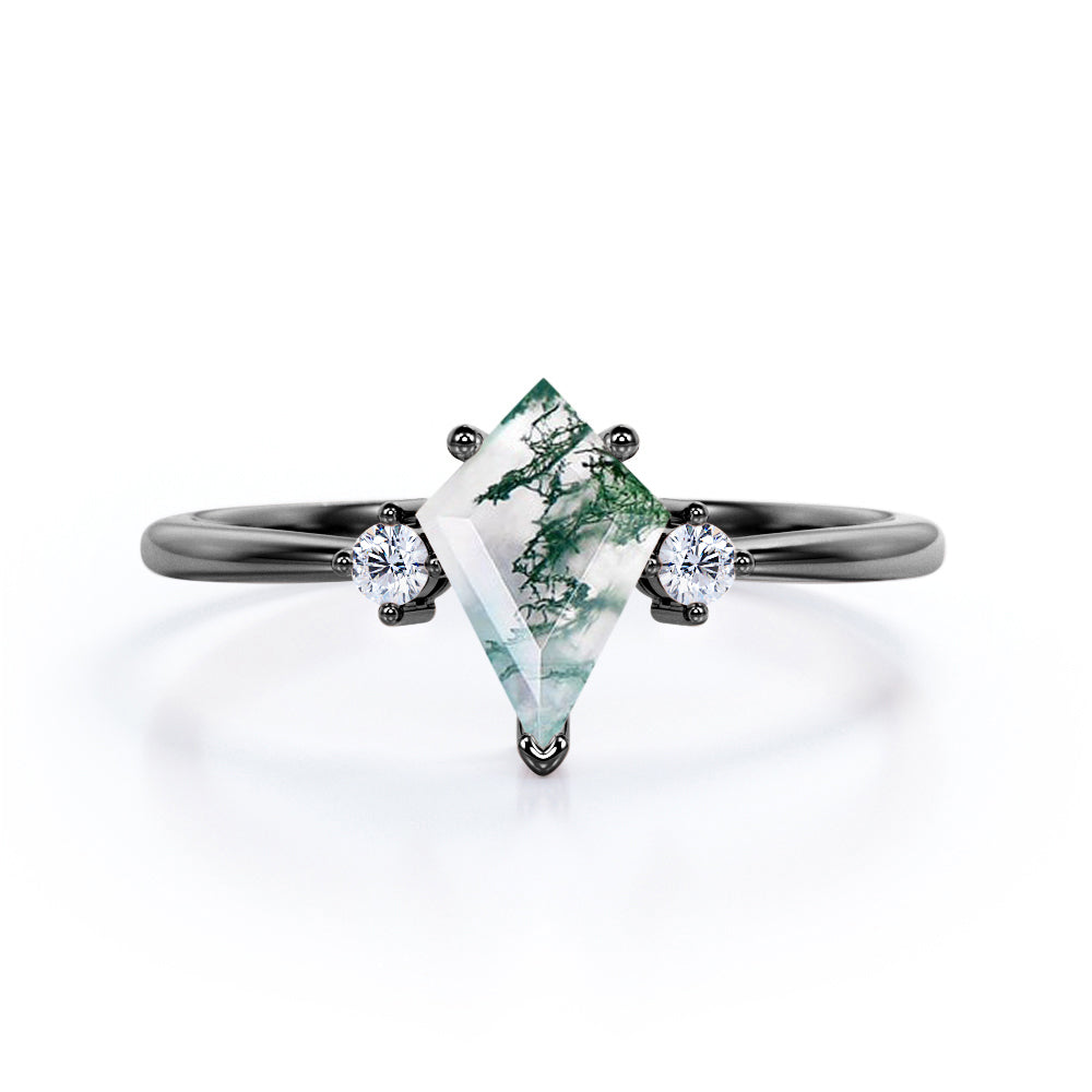 Elegant Trilogy 1 carat Kite shaped Moss Green Agate and diamond vintage inspired engagement ring in Rose gold