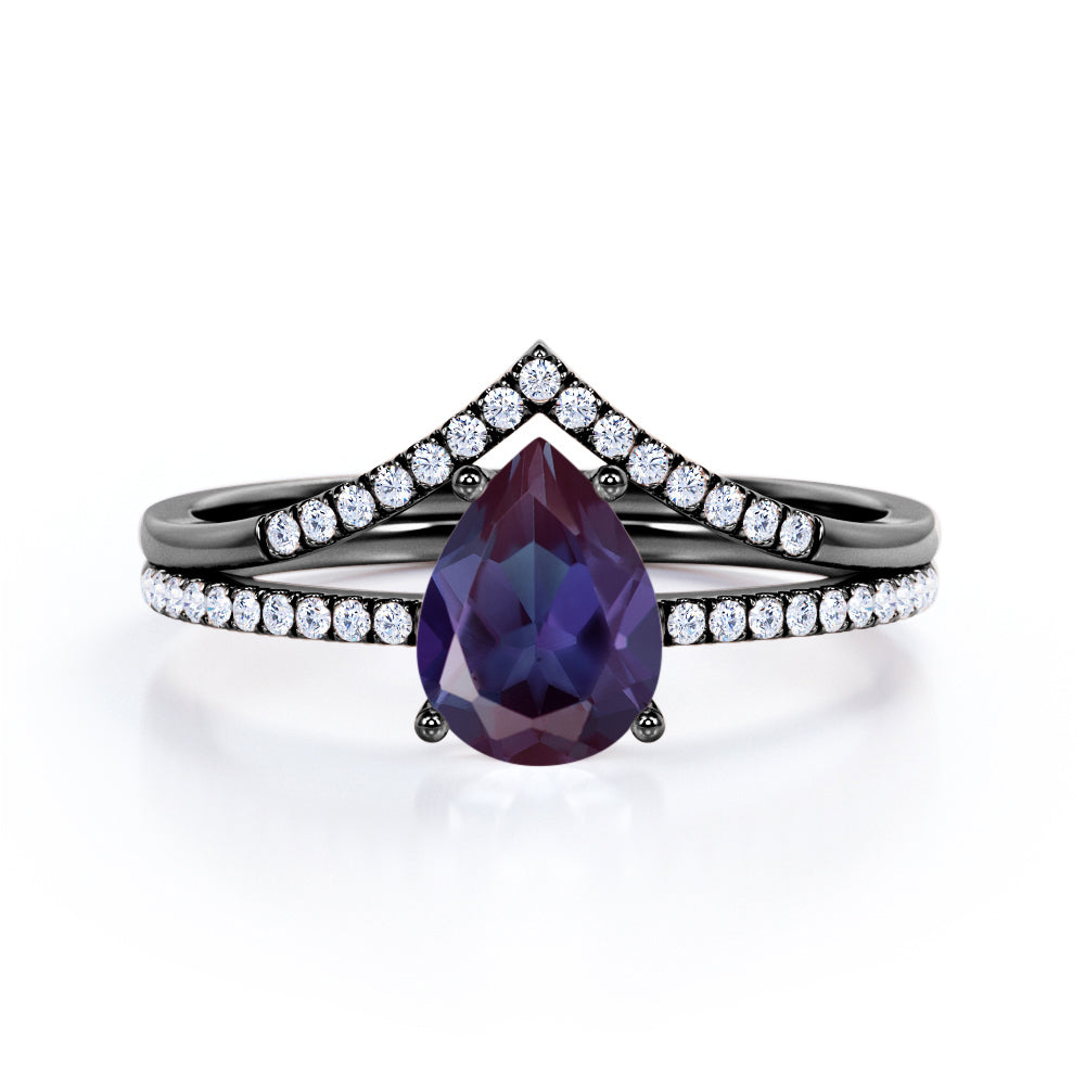 Simple Chevron 1.35 carat Pear shaped Lab created Alexandrite and diamond pave set wedding ring set in Black gold