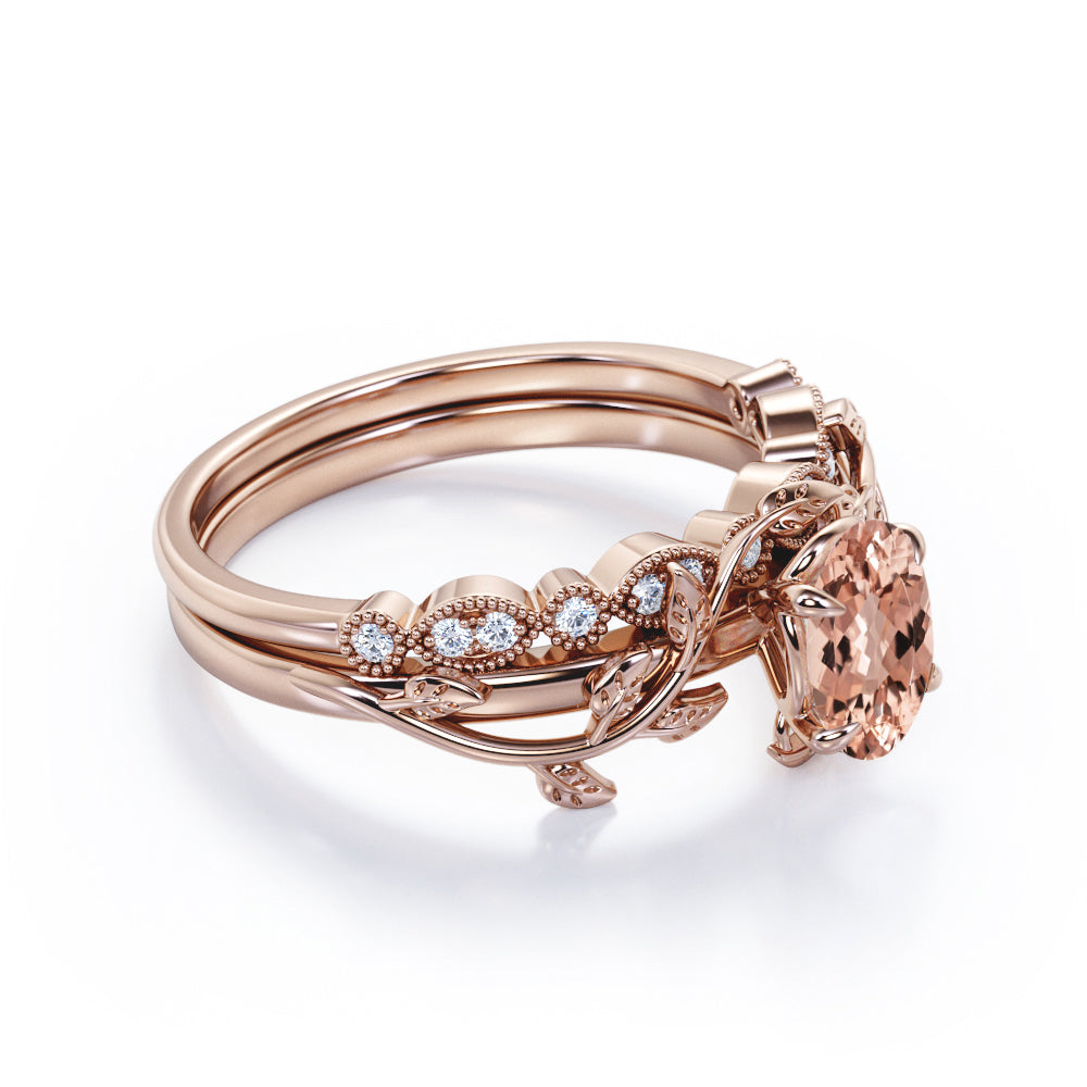 Engraved leaf 1.25 carat oval cut Peach Morganite and diamond - nature themed wedding ring set for her