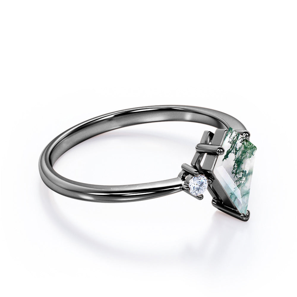 Elegant Trilogy 1 carat Kite shaped Moss Green Agate and diamond vintage inspired engagement ring in Rose gold