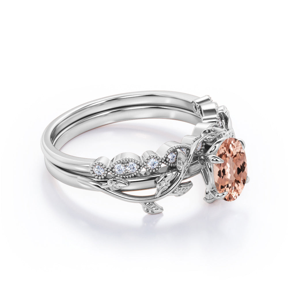 Engraved leaf 1.25 carat oval cut Peach Morganite and diamond - nature themed wedding ring set for her