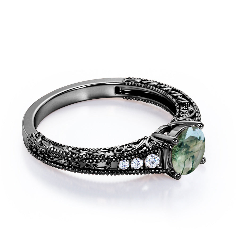 Art deco filigree 1.25 carat Round cut Moss Agate and diamond antique vintage engagement ring in White gold