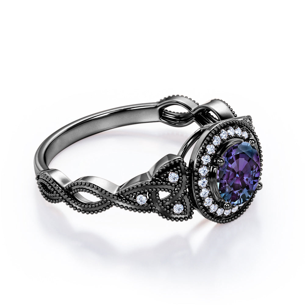 Exquisite halo 1.5 carat Round cut Lab made Alexandrite and diamond-floral patterns-engagement ring in White gold