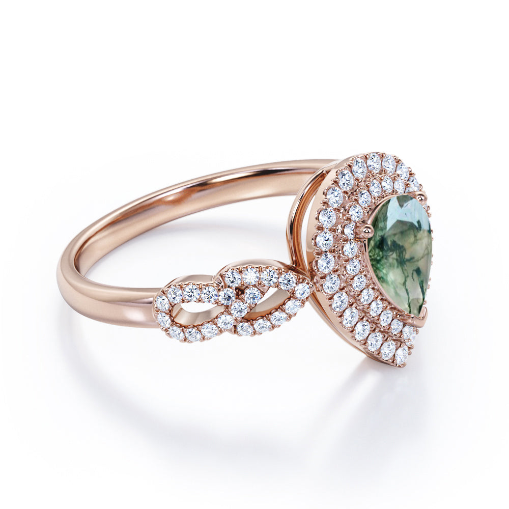 Floral infinity 1.7 carat Pear cut Moss Green Agate and diamond double halo engagement ring in White gold