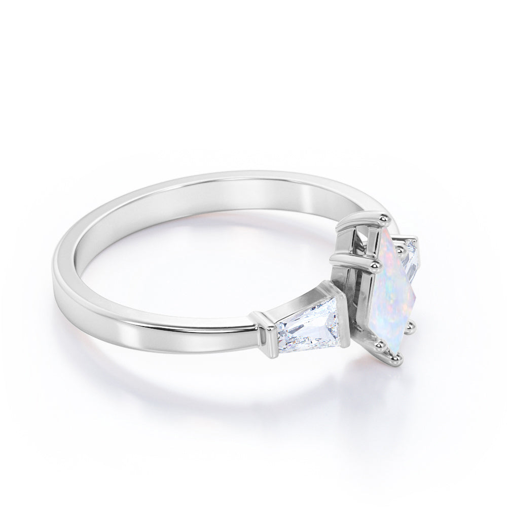 Stylish Trilogy 1.2 carat Kite shaped Ethiopian Opal and diamond-6 prong setting-art deco baguette engagement ring in Black gold
