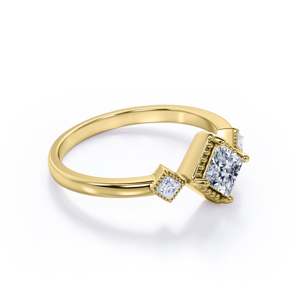 Minimalist Trilogy 0.49 carat Princess cut Diamond Milgrain engagment ring for women in Gold