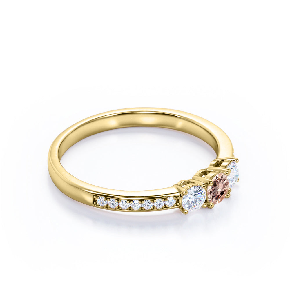 Classic three stone 0.75 carat Round cut Pink Morganite and diamond art deco channel engagement ring for her in Rose gold