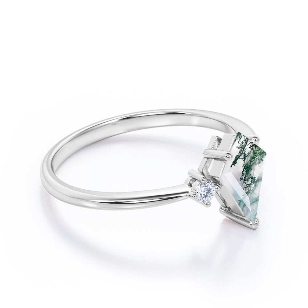 Elegant Trilogy 1 carat Kite shaped Moss Green Agate and diamond vintage inspired engagement ring in Rose gold