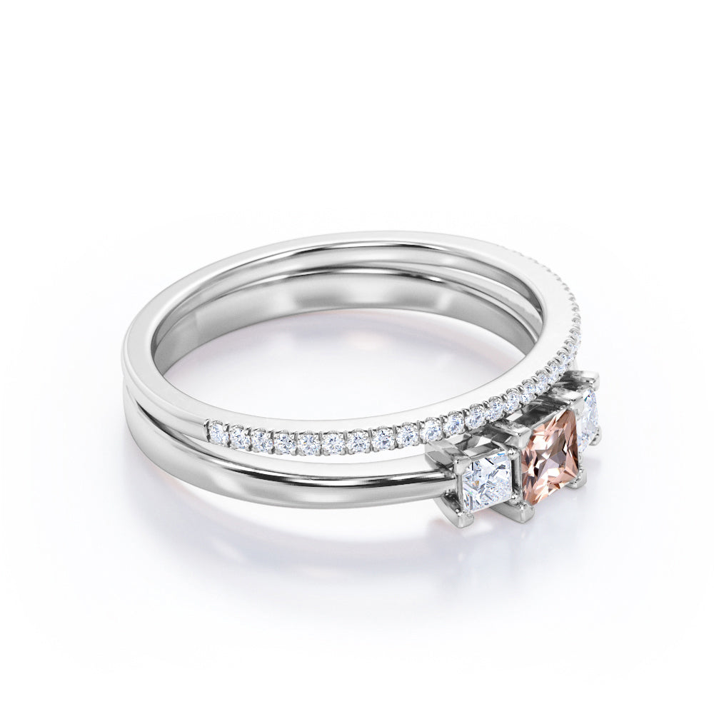 Triple stone 0.85 carat Princess cut Pink Morganite and diamond eternity wedding ring set for women in Yellow gold