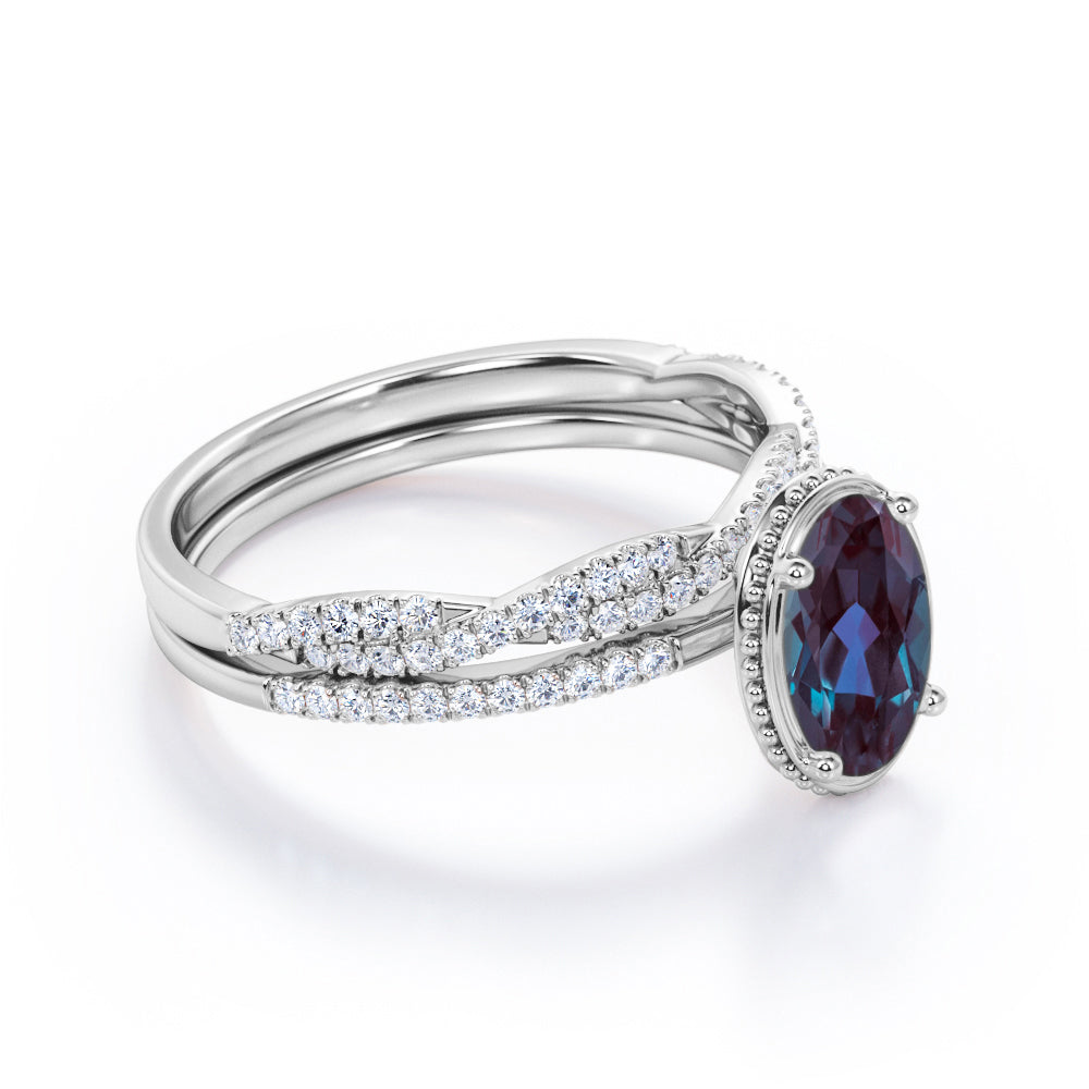 Hidden Halo 1.5 carat Oval cut Lab made Alexandrite and white diamond semi-infinity wedding ring set for women in White gold