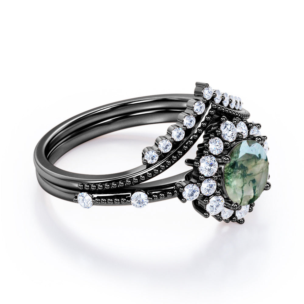 Contoured Cluster 1.45 carat Round cut Moss Green Agate and diamond milgrain art deco wedding ring set in White gold