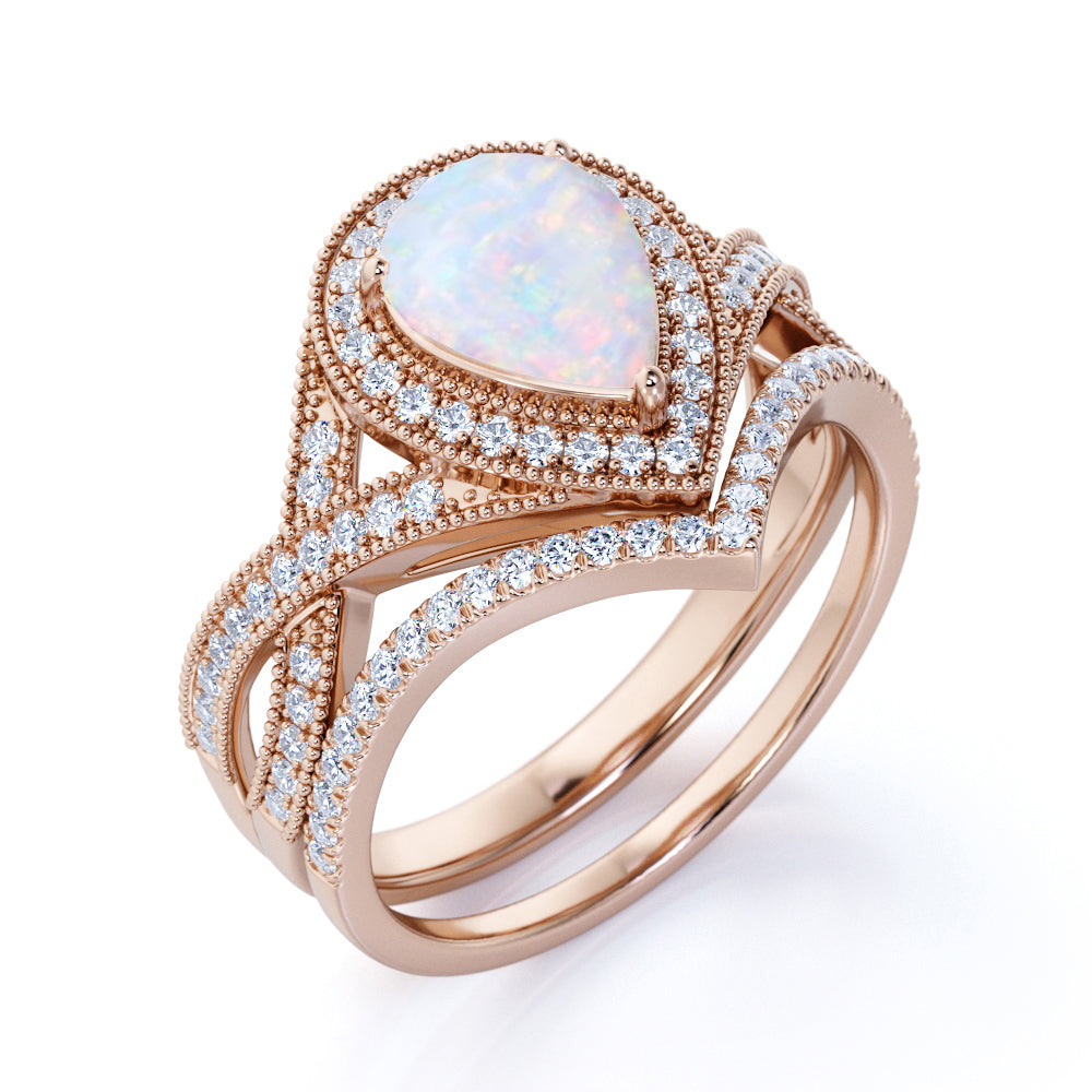 Upside-Down .75 Carat Pear Shaped Real Diamond Chevron Wedding Ring Set in  10k Rose Gold 