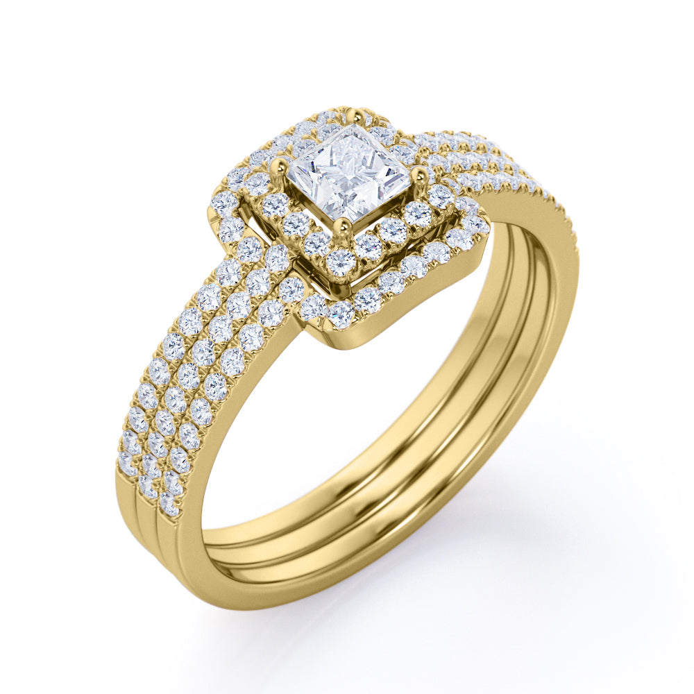 1.25 ct - 18K Gold Wedding Ring for Women Over Silver - Square Moissanite - Double Halo - Vintage Inspired