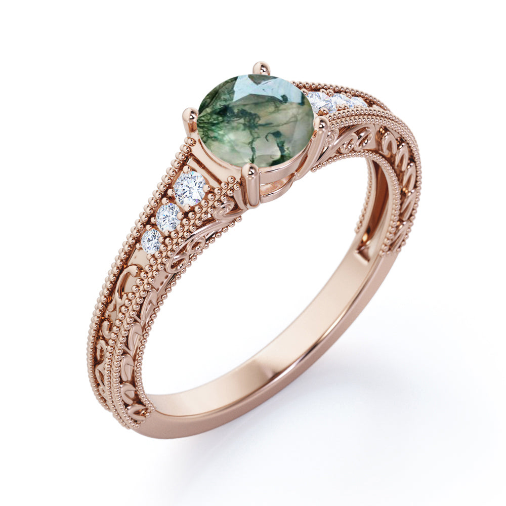 Art deco filigree 1.25 carat Round cut Moss Agate and diamond antique vintage engagement ring in White gold