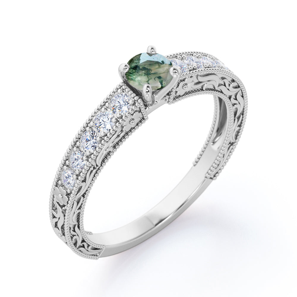 Artistic Milgrain 0.75 carat Round cut Moss Agate and diamond cathedral setting engagement ring in Rose gold