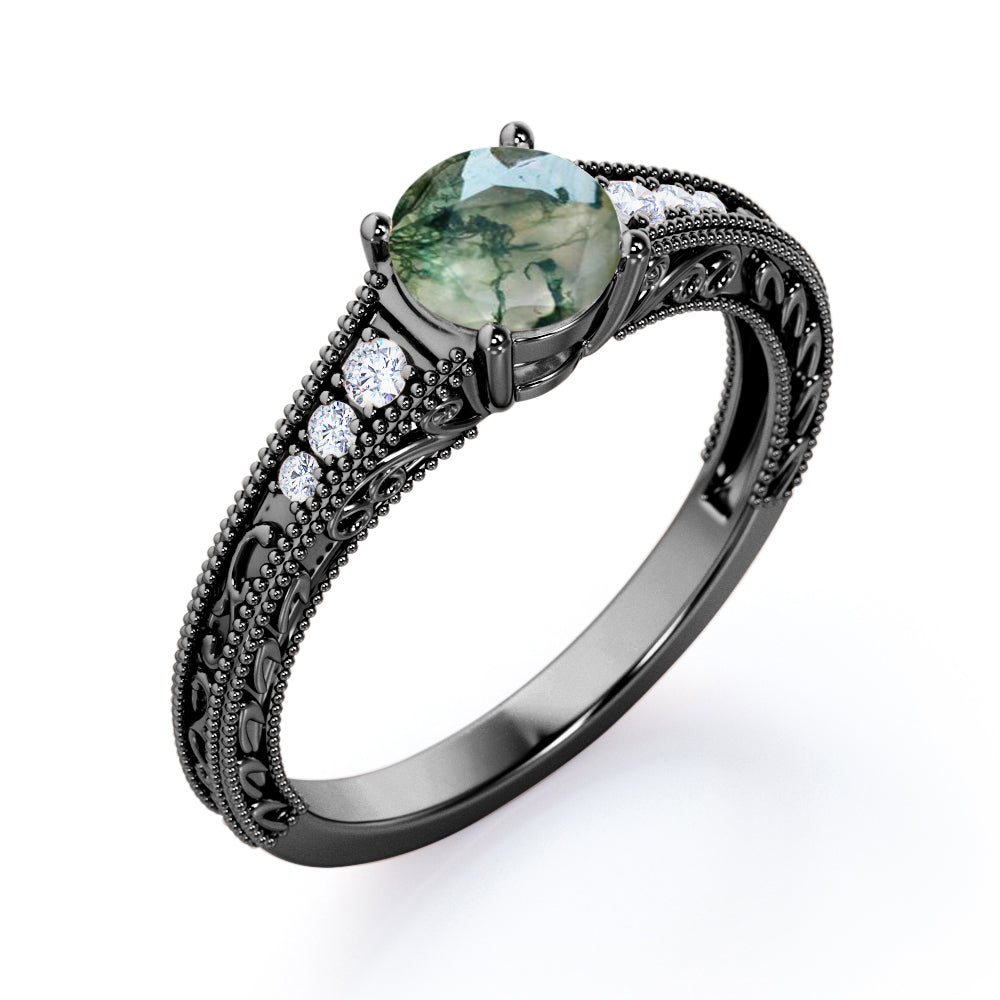 Art deco filigree 1.25 carat Round cut Moss Agate and diamond antique vintage engagement ring in White gold