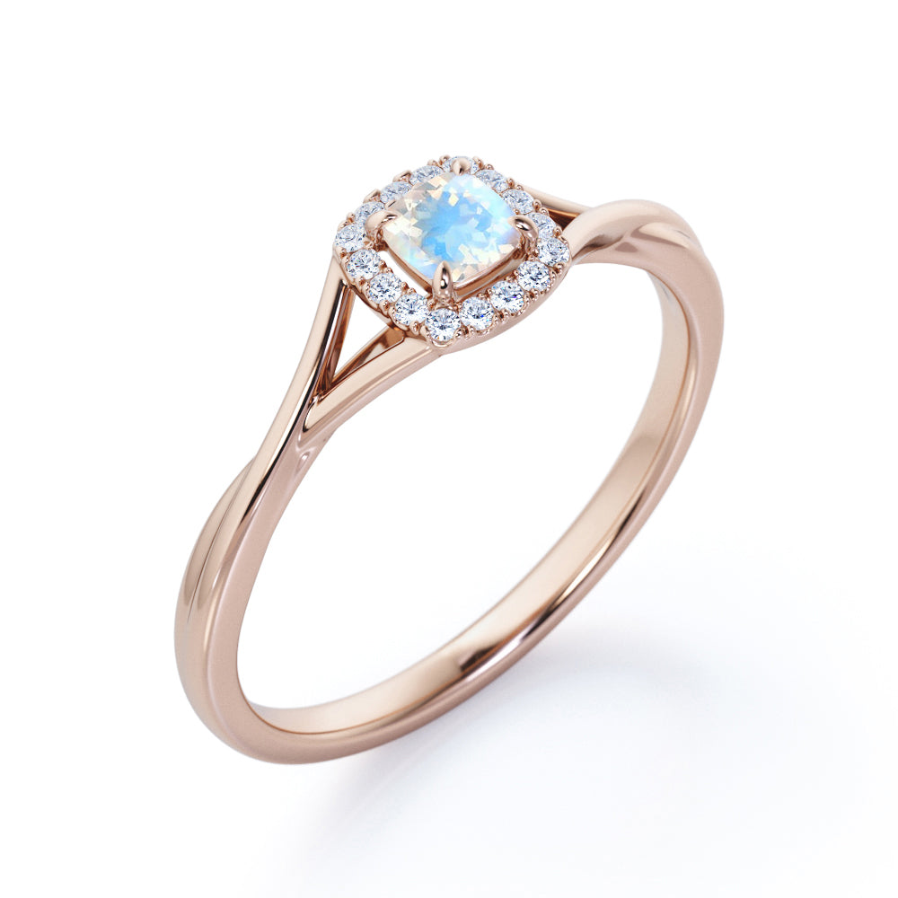 Minimal Twist Shank 0.75 carat Cushion Cut Blue Moonstone and diamond floral halo engagement ring in White gold
