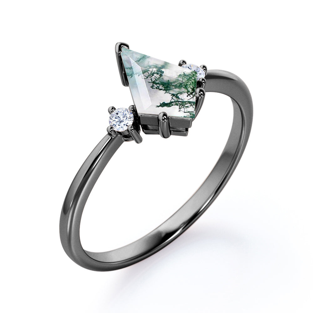 Elegant Trilogy 1 carat Kite shaped Moss Green Agate and diamond vintage inspired engagement ring in Rose gold