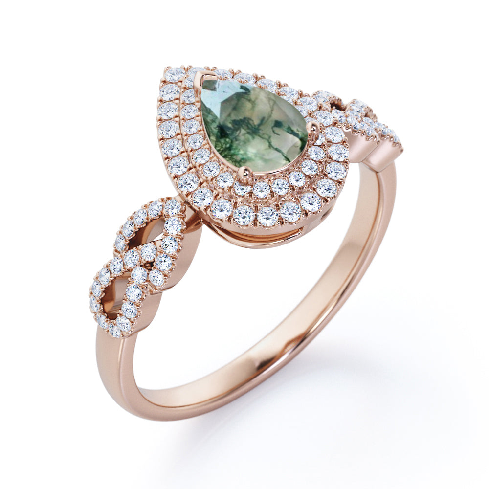 Floral infinity 1.7 carat Pear cut Moss Green Agate and diamond double halo engagement ring in White gold