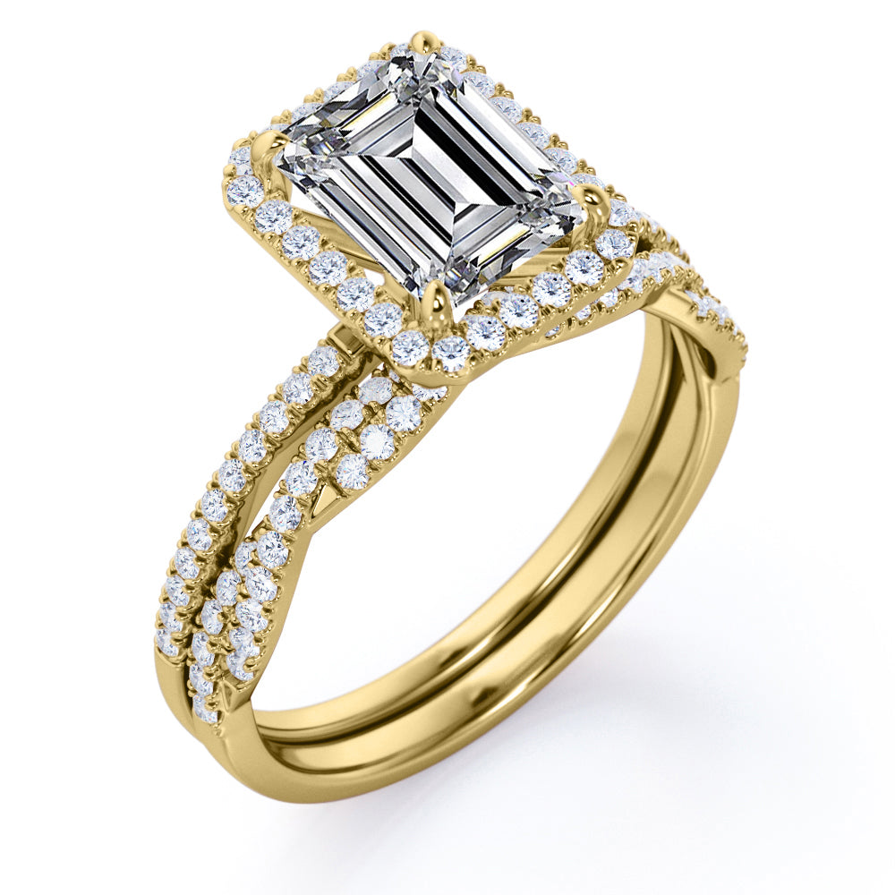 Unique pave set 1.7 carat Emerald cut Moissanite and diamond Halo wedding ring set in white gold
