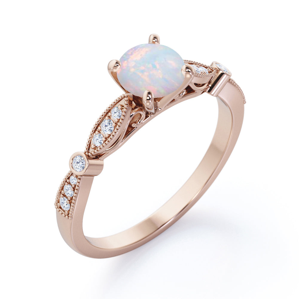 Artdeco Milgrain 1.25 carat Round cut Australian Opal and diamond Cathedral setting engagement ring in White gold