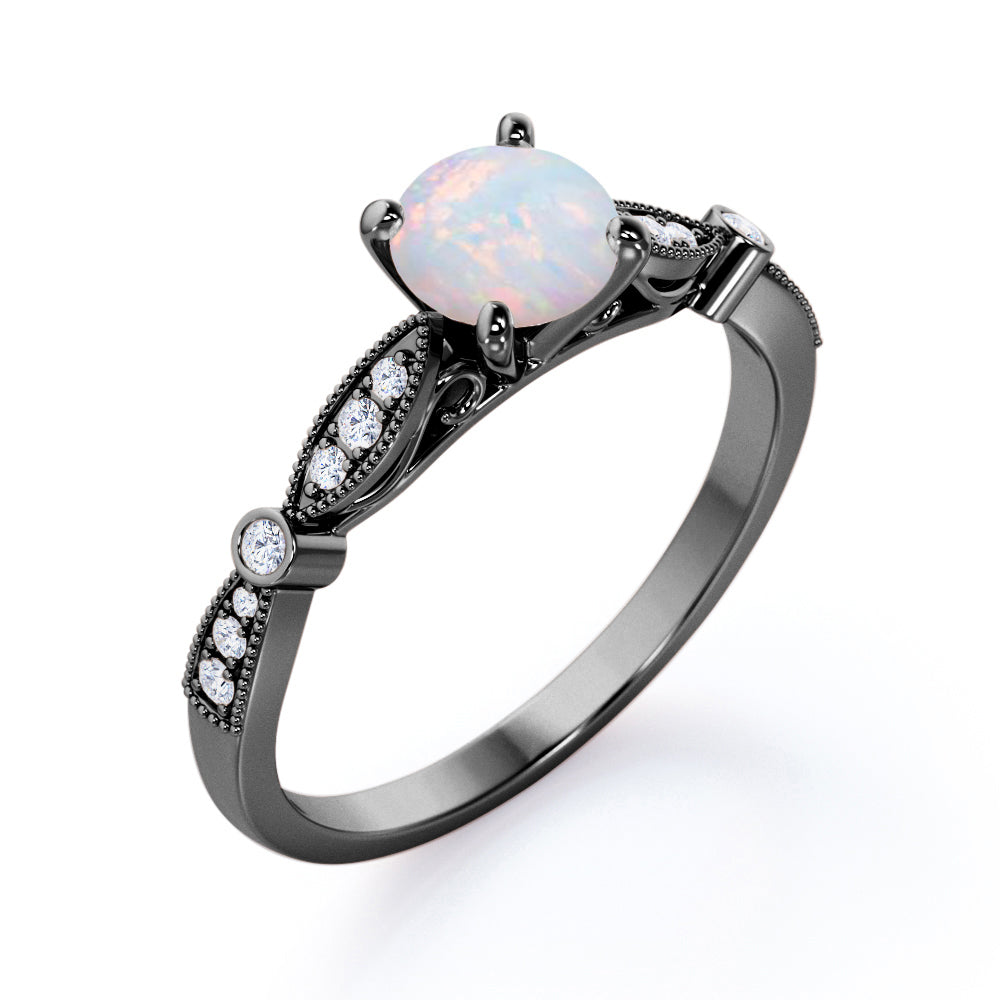 Artdeco Milgrain 1.25 carat Round cut Australian Opal and diamond Cathedral setting engagement ring in White gold