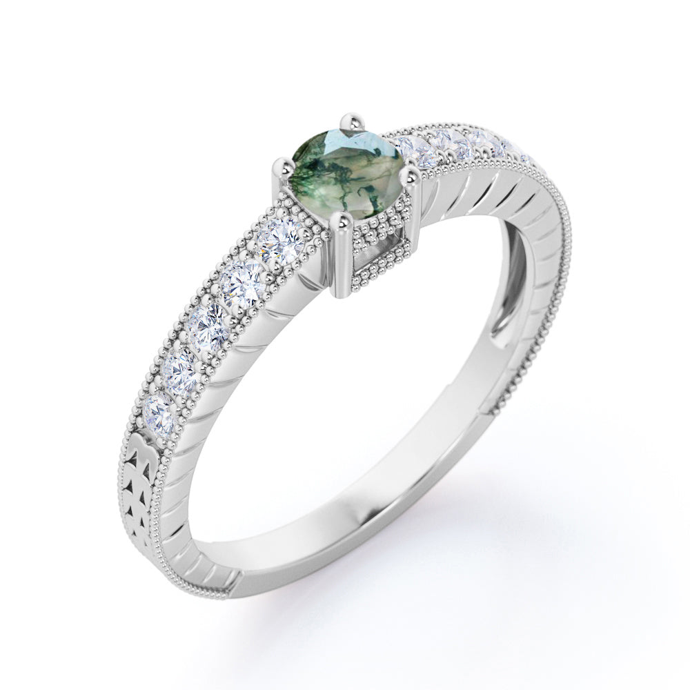 Bead décor 0.75 carat Round cut Moss green Agate and diamond vintage art deco engagement ring in Rose gold
