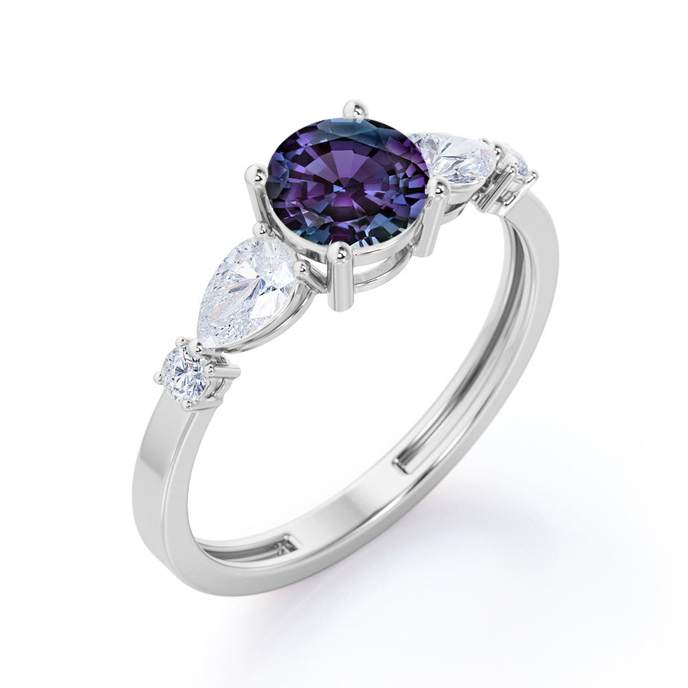 Contemporary 1.1 carat Round cut Alexandrite and diamond five stone engagement ring for her in Rose gold