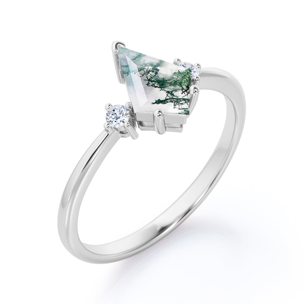 Elegant Trilogy 1 carat Kite shaped Moss Green Agate and diamond vintage inspired engagement ring in Rose gold