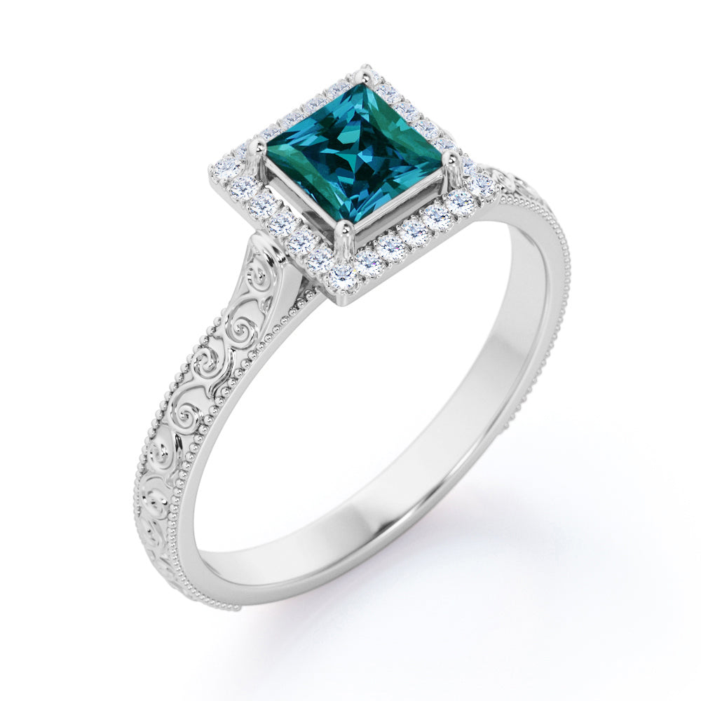 Edwardian scrollwork 1.25 carat Princess cut Lab made Alexandrite and diamond filigree engagement ring in White gold