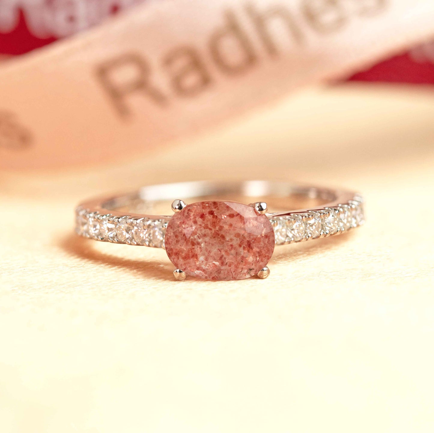 Horizontal 1.25 carat Oval Cut Red Strawberry Quartz and Diamond Semi-pave Solitaire Promise Ring in White Gold