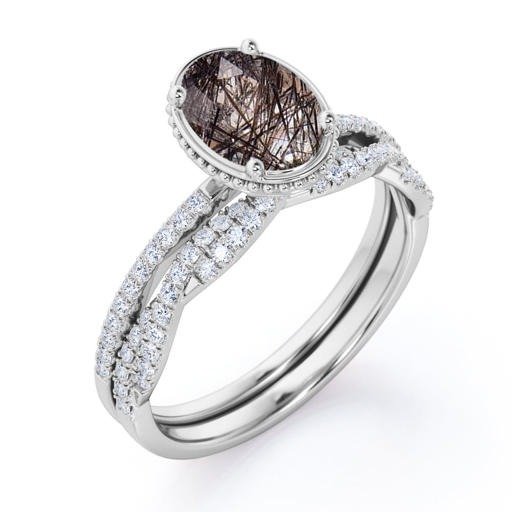 Petite pave setting 1.75 carat Oval cut Black Brown Rutilated Quartz and diamond halo infinity wedding ring set in White gold