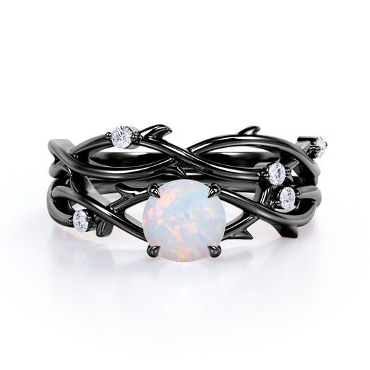 Twisted vine inspired 1 carat Round cut Opal and diamond claw prong wedding ring set for women in Black gold