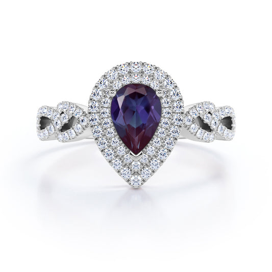 Floral leaf inspired 1.75 carat Pear cut Lab created Alexandrite and diamond double halo engagement ring in White gold