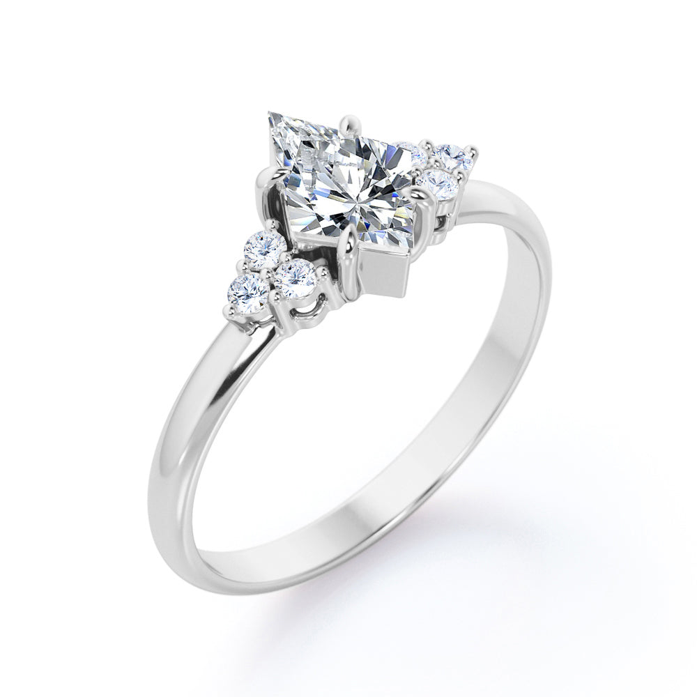 Unique Claw prong 1 carat Kite shaped Moissanite and diamond vintage style engagement ring in White gold