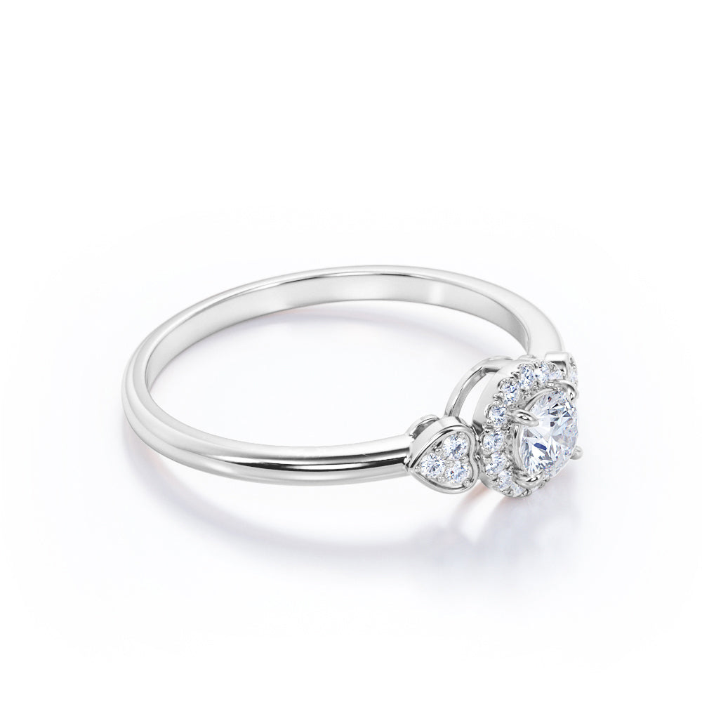 Classic double hearts 1.2 carat Round cut Moissanite and diamond halo engagement ring in White gold