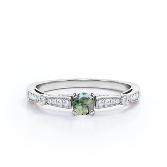 Baguette shank style 0.75 carat Round cut Moss Green Agate and diamond art deco engagement ring in White gold