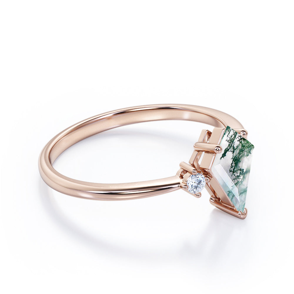 Elegant Trilogy 1 carat Kite shaped Moss Green Agate and diamond vintage inspired engagement ring in Rose gold