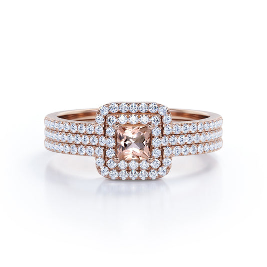 Authentic Antique 1.5 carat Princess cut Peach Pink Morganite and diamond trio wedding ring set for women in Rose gold