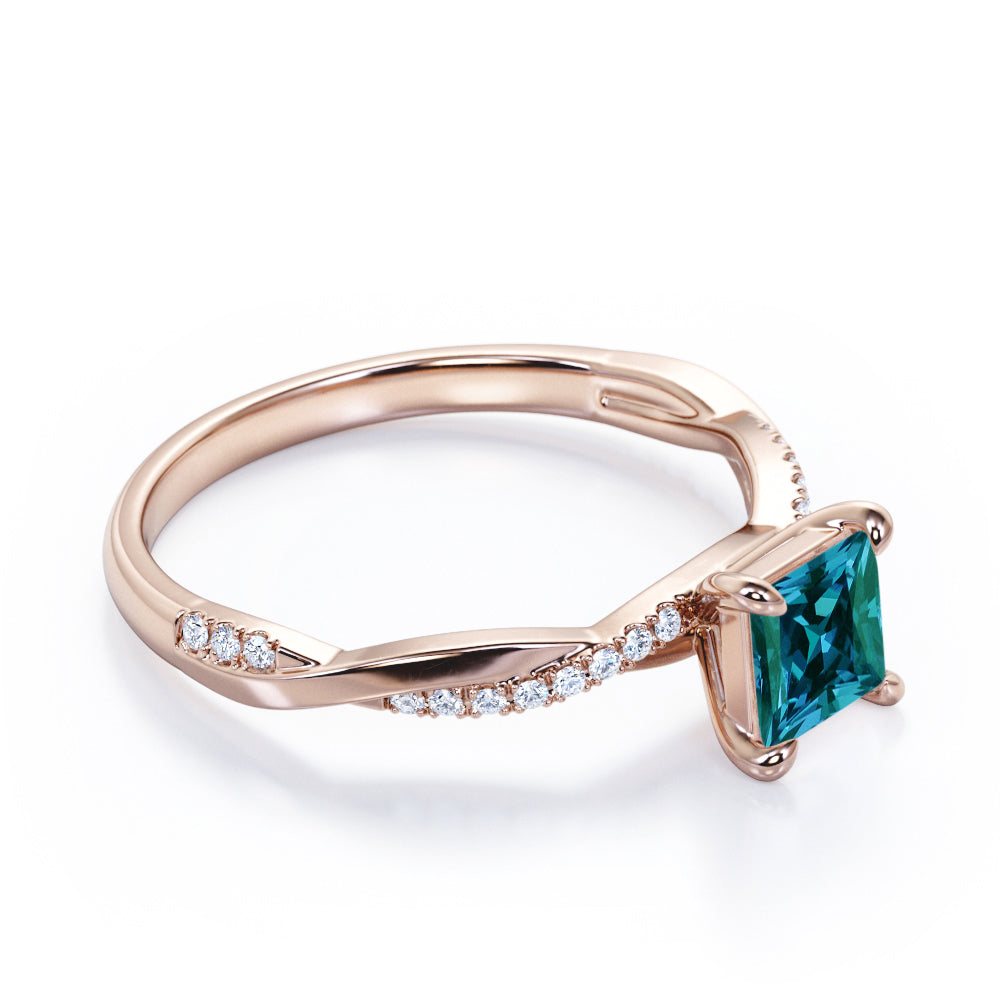 Infinity twist 1.2 carat Princess cut Synthetic Alexandrite and diamond contemporary engagement ring in Rose gold