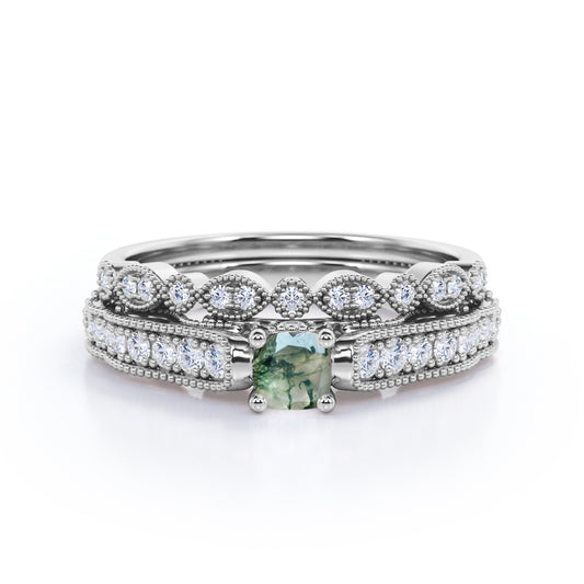 Antique Bead Décor 0.8 carat Round cut Moss Green Agate and diamond vintage inspired wedding ring set in White gold