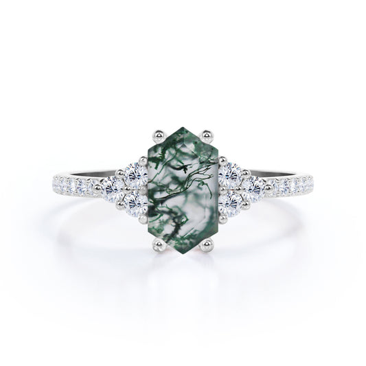 Modern Art deco 1.35 carat Hexagon cut Moss Green Agate and diamond pave setting engagement ring in White gold